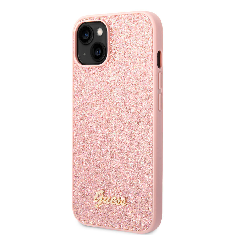 Guess Guess iPhone 14 Plus & 15 Plus Backcover hoesje - Fixed Glitter - Script Metal Logo - Roze Guess Guess iPhone 14 Plus & 15 Plus Backcover hoesje - Fixed Glitter - Script Metal Logo - Roze