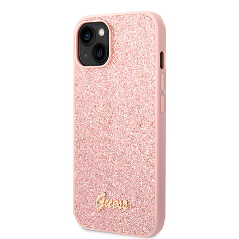 Guess Guess iPhone 14 Plus & 15 Plus Backcover hoesje - Fixed Glitter - Script Metal Logo - Roze Guess Guess iPhone 14 Plus & 15 Plus Backcover hoesje - Fixed Glitter - Script Metal Logo - Roze