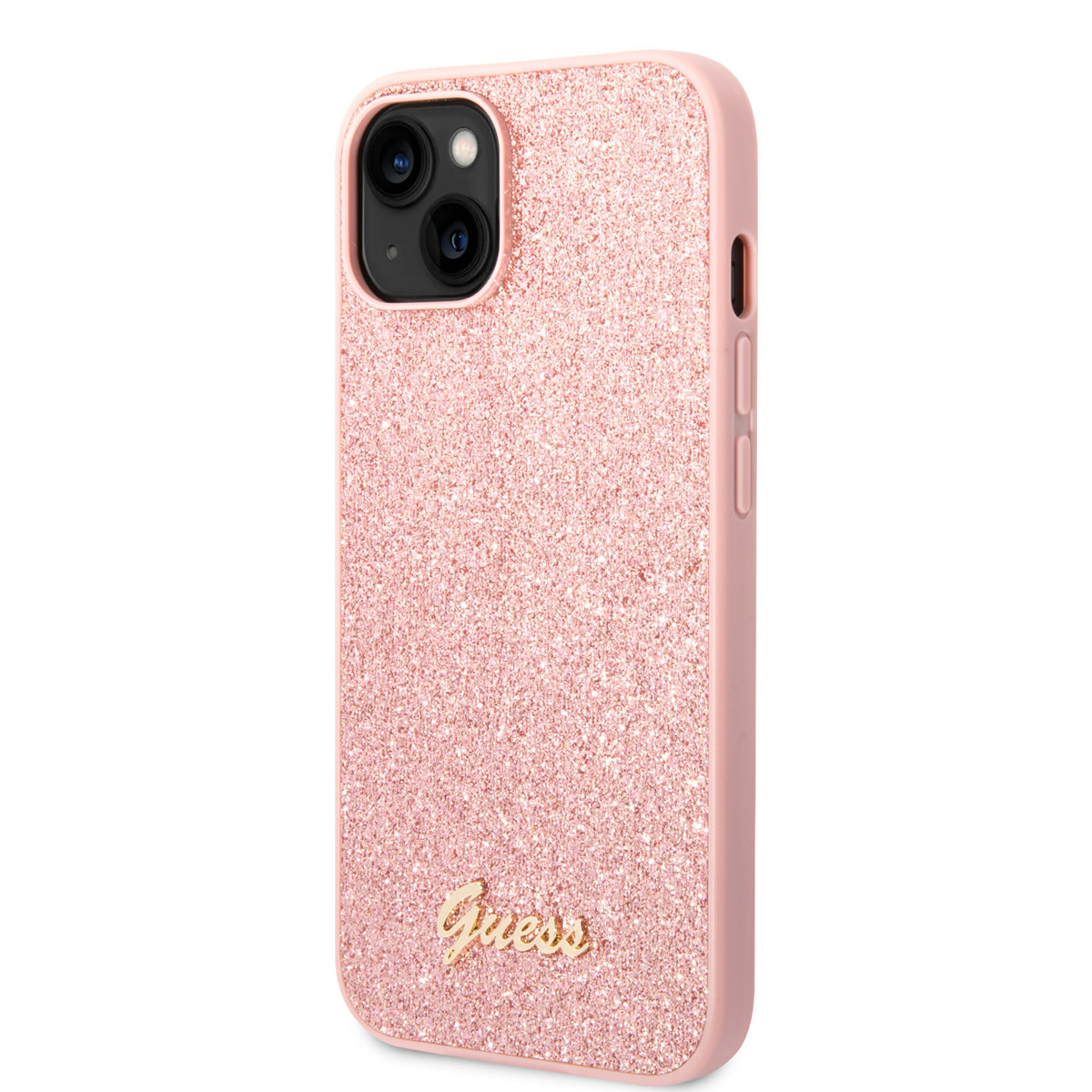 Guess Guess iPhone 14 Plus & 15 Plus Backcover hoesje - Fixed Glitter - Script Metal Logo - Roze, foto 2 van 6