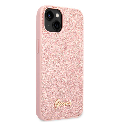 Guess Guess iPhone 14 Plus & 15 Plus Backcover hoesje - Fixed Glitter - Script Metal Logo - Roze Guess Guess iPhone 14 Plus & 15 Plus Backcover hoesje - Fixed Glitter - Script Metal Logo - Roze