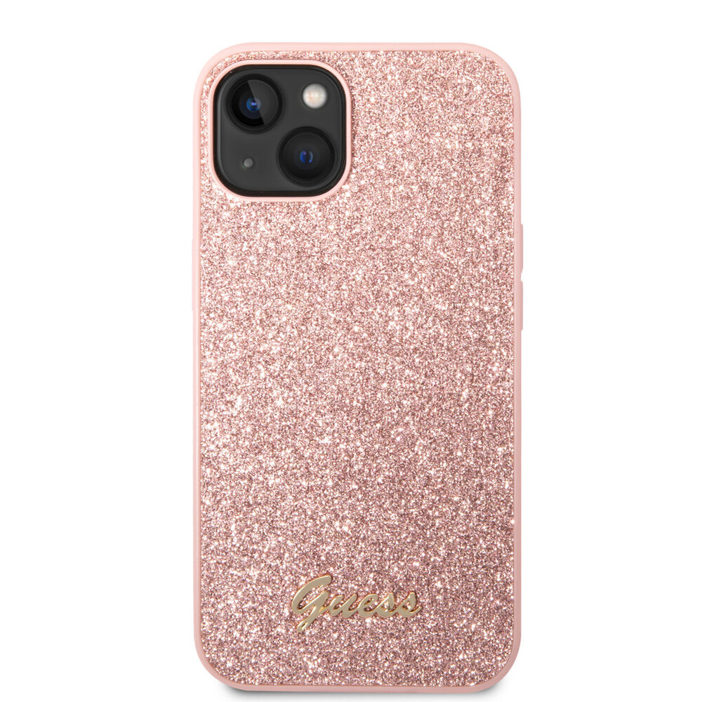 Guess Guess iPhone 14 Plus & 15 Plus Backcover hoesje - Fixed Glitter - Script Metal Logo - Roze Guess Guess iPhone 14 Plus & 15 Plus Backcover hoesje - Fixed Glitter - Script Metal Logo - Roze