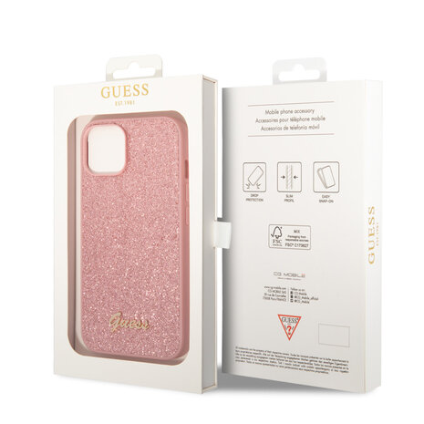 Guess Guess iPhone 14 Plus & 15 Plus Backcover hoesje - Fixed Glitter - Script Metal Logo - Roze Guess Guess iPhone 14 Plus & 15 Plus Backcover hoesje - Fixed Glitter - Script Metal Logo - Roze