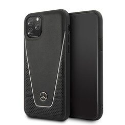 Mercedes-Benz iPhone 11 Pro Backcover hoesje - Genuine Leather - Perforated Urban - White Line - Zwart