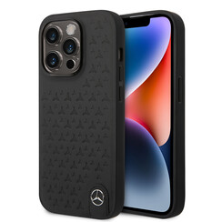 Mercedes-Benz iPhone 14 Pro Backcover hoesje - Genuine Leather - Stars Pattern - Zwart