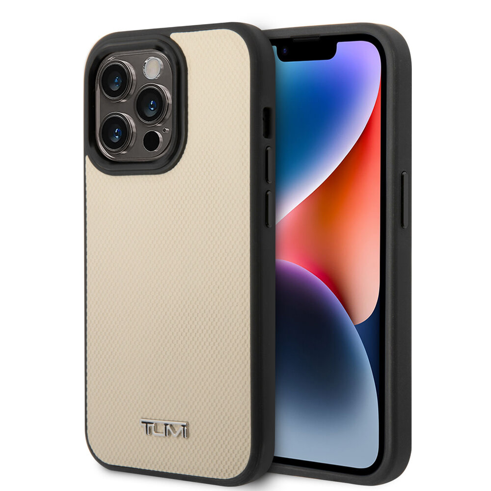 Tumi Tumi iPhone 14 Pro Backcover hoesje - Magsafe - Leather - Embossed Balistic Pattern - Beige Tumi Tumi iPhone 14 Pro Backcover hoesje - Magsafe - Leather - Embossed Balistic Pattern - Beige