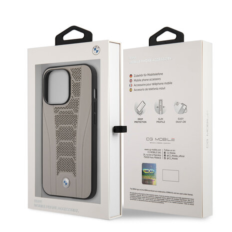 BMW BMW iPhone 13 Pro Back-Cover hul - Leather Signature - Perforated Deboss Line - Beige BMW BMW iPhone 13 Pro Back-Cover hul - Leather Signature - Perforated Deboss Line - Beige