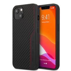 AMG iPhone 14 & 13 Backcover hoesje - Carbon Effect - Leather & Red Stitching - Zwart