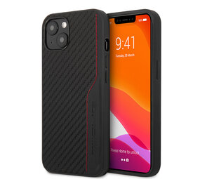 AMG AMG iPhone 14 & 13 Back-Cover hul - Carbon Effect - Leather & Red Stitching - Schwarz AMG AMG iPhone 14 & 13 Back-Cover hul - Carbon Effect - Leather & Red Stitching - Schwarz
