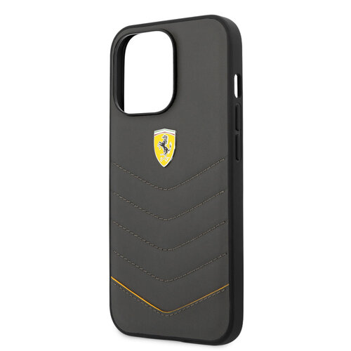 Ferrari Ferrari iPhone 13 Pro Back cover coque - Genuine Leather - Quilted Edge - Yellow Line - Gris