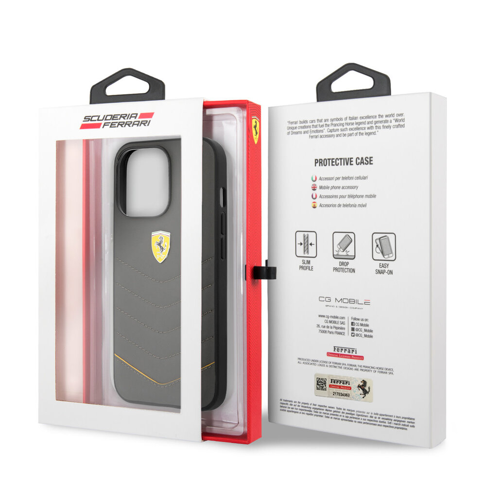 Ferrari Ferrari iPhone 13 Pro Back cover case - Genuine Leather - Quilted Edge - Yellow Line - Grey Ferrari Ferrari iPhone 13 Pro Back cover case - Genuine Leather - Quilted Edge - Yellow Line - Grey