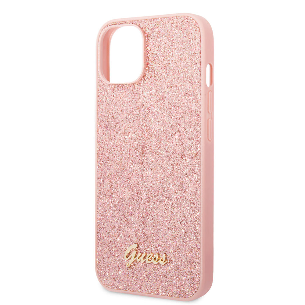Guess Guess iPhone 14 Plus & 15 Plus Backcover hoesje - Fixed Glitter - Script Metal Logo - Roze Guess Guess iPhone 14 Plus & 15 Plus Backcover hoesje - Fixed Glitter - Script Metal Logo - Roze
