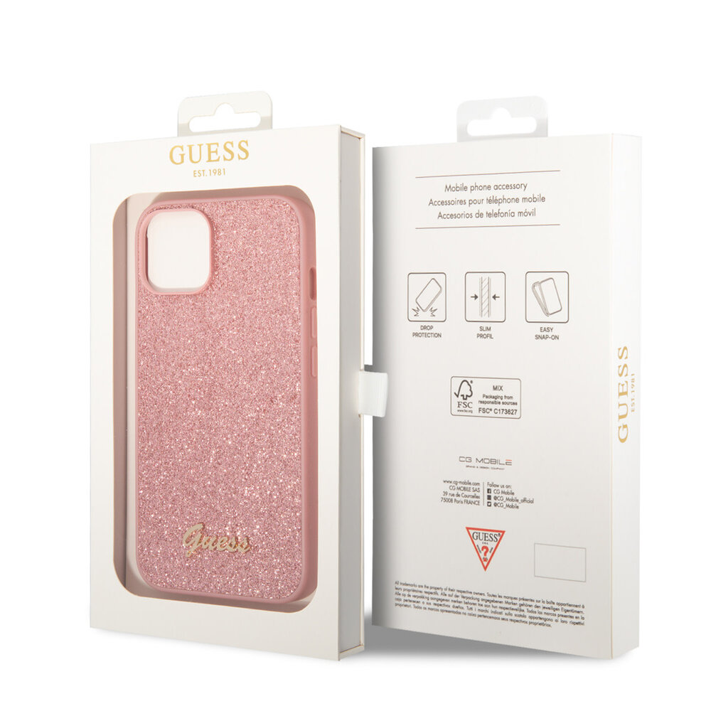 Guess Guess iPhone 14 Plus & 15 Plus Backcover hoesje - Fixed Glitter - Script Metal Logo - Roze Guess Guess iPhone 14 Plus & 15 Plus Backcover hoesje - Fixed Glitter - Script Metal Logo - Roze