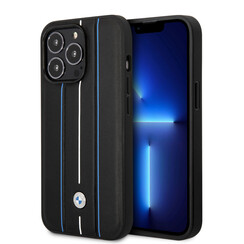 BMW iPhone 14 Pro Back cover coque - Leather Signature - Hot Stamp Lines Blue - Noir