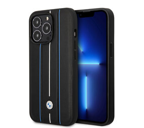BMW BMW iPhone 14 Pro Back cover coque - Leather Signature - Hot Stamp Lines Blue - Noir BMW BMW iPhone 14 Pro Back cover coque - Leather Signature - Hot Stamp Lines Blue - Noir