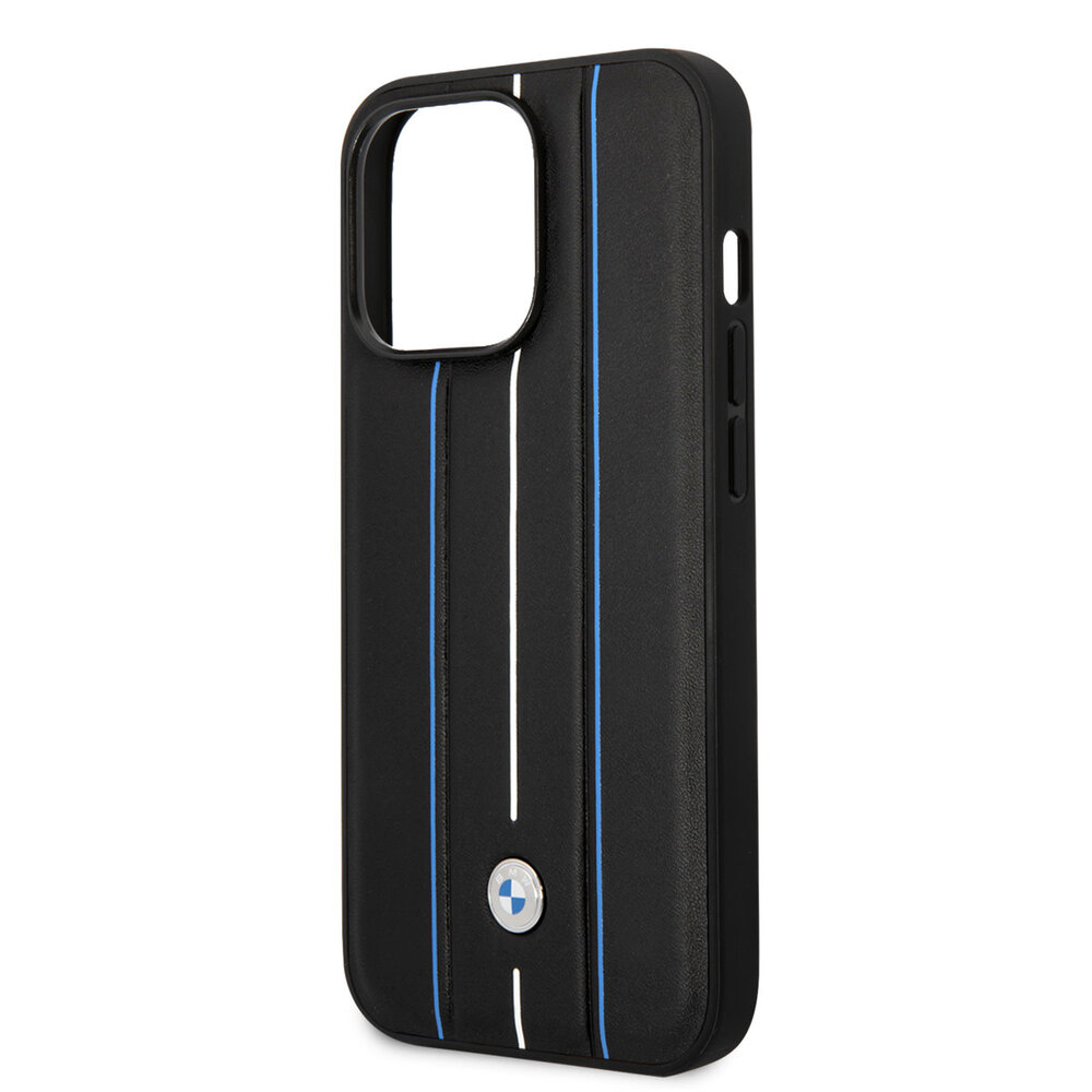BMW BMW iPhone 14 Pro Backcover hoesje - Leather Signature - Hot Stamp Lines Blue - Zwart BMW BMW iPhone 14 Pro Backcover hoesje - Leather Signature - Hot Stamp Lines Blue - Zwart
