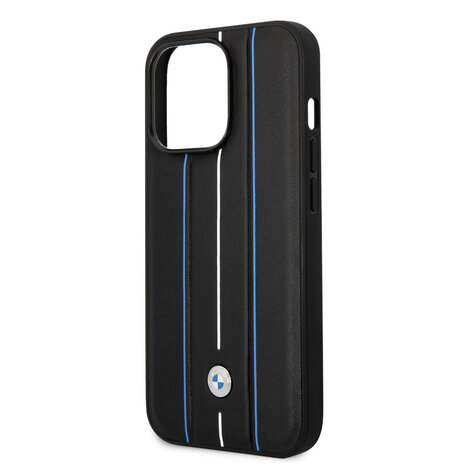 BMW BMW iPhone 14 Pro Backcover hoesje - Leather Signature - Hot Stamp Lines Blue - Zwart BMW BMW iPhone 14 Pro Backcover hoesje - Leather Signature - Hot Stamp Lines Blue - Zwart