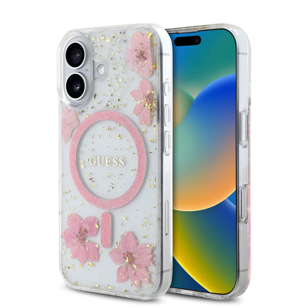 Guess Guess iPhone 16 Backcover hoesje - Magsafe - Resin Flowers Design - Roze Guess Guess iPhone 16 Backcover hoesje - Magsafe - Resin Flowers Design - Roze