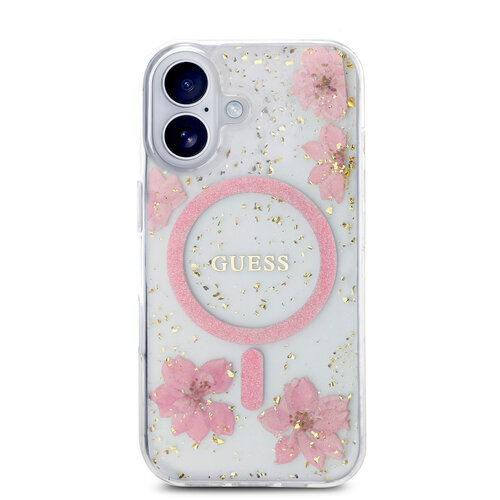Guess Guess iPhone 16 Backcover hoesje - Magsafe - Resin Flowers Design - Roze