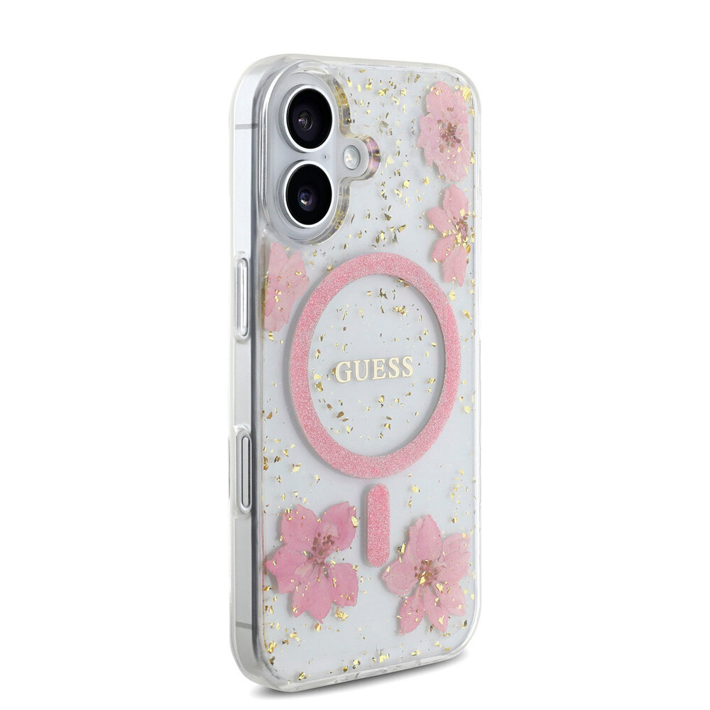 Guess Guess iPhone 16 Backcover hoesje - Magsafe - Resin Flowers Design - Roze Guess Guess iPhone 16 Backcover hoesje - Magsafe - Resin Flowers Design - Roze
