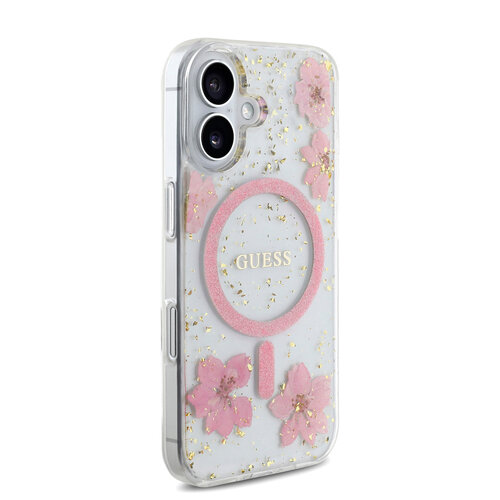 Guess Guess iPhone 16 Backcover hoesje - Magsafe - Resin Flowers Design - Roze