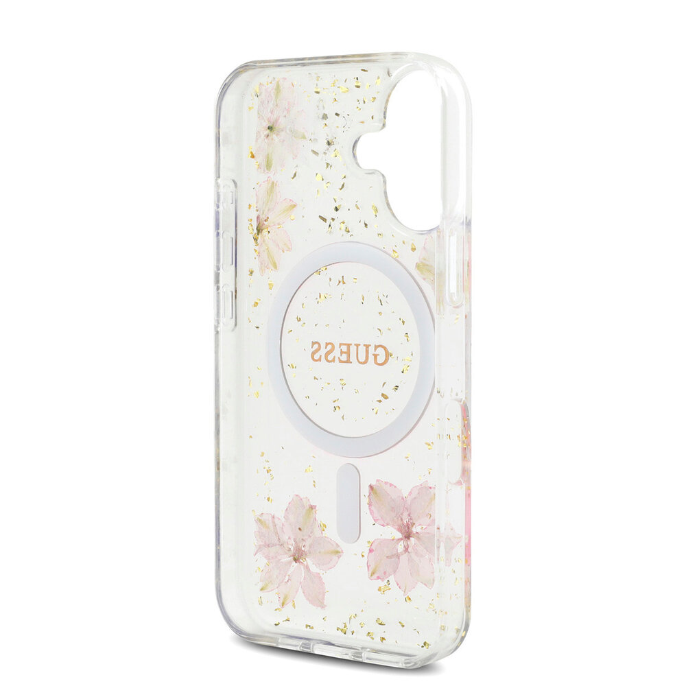 Guess Guess iPhone 16 Backcover hoesje - Magsafe - Resin Flowers Design - Roze Guess Guess iPhone 16 Backcover hoesje - Magsafe - Resin Flowers Design - Roze