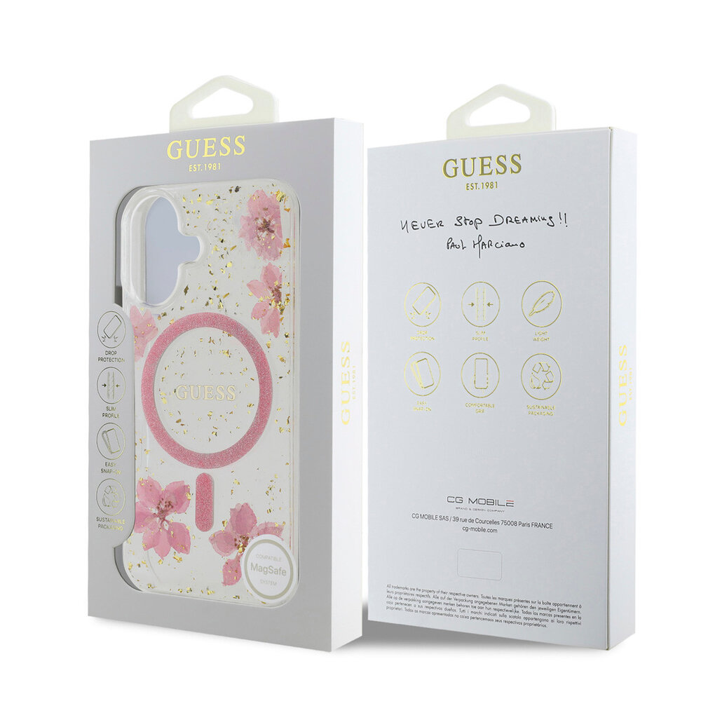 Guess Guess iPhone 16 Backcover hoesje - Magsafe - Resin Flowers Design - Roze Guess Guess iPhone 16 Backcover hoesje - Magsafe - Resin Flowers Design - Roze