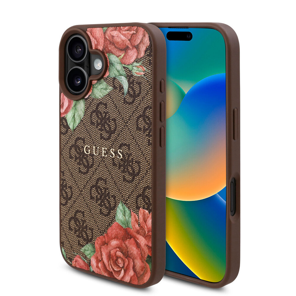 Guess Guess iPhone 16 Backcover hoesje - Magsafe - Flower Print - Bruin Guess Guess iPhone 16 Backcover hoesje - Magsafe - Flower Print - Bruin