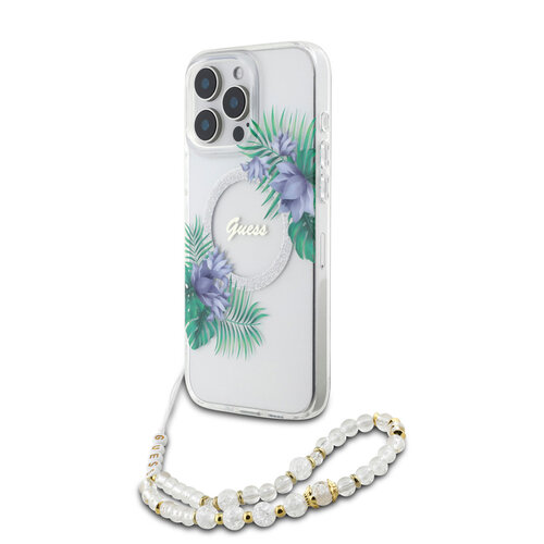 Guess Guess iPhone 16 Pro Backcover hoesje - Magsafe IML - Flower Wreath Design & Pearl Strap - Transparant