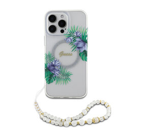 Guess Guess iPhone 16 Pro Back cover case - Magsafe IML - Flower Wreath Design & Pearl Strap - Transparent Guess Guess iPhone 16 Pro Back cover case - Magsafe IML - Flower Wreath Design & Pearl Strap - Transparent