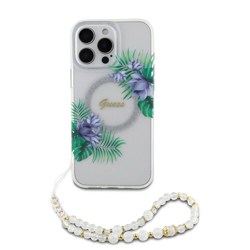 Guess Guess iPhone 16 Pro Backcover hoesje - Magsafe IML - Flower Wreath Design & Pearl Strap - Transparant