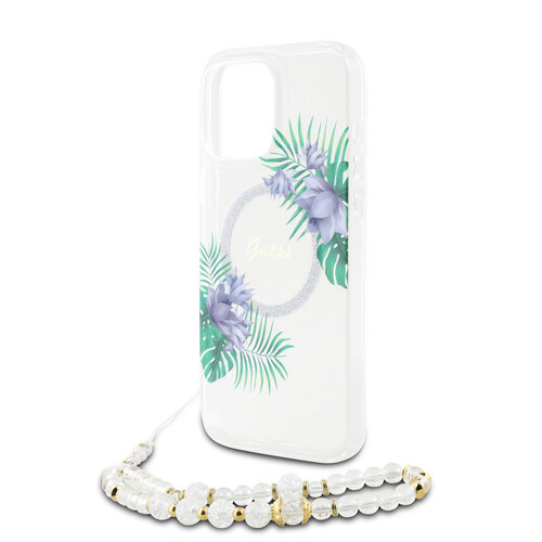 Guess Guess iPhone 16 Pro Back cover coque - Magsafe IML - Flower Wreath Design & Pearl Strap - Transparent