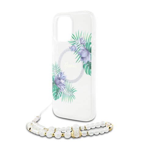 Guess Guess iPhone 16 Pro Back cover case - Magsafe IML - Flower Wreath Design & Pearl Strap - Transparent Guess Guess iPhone 16 Pro Back cover case - Magsafe IML - Flower Wreath Design & Pearl Strap - Transparent