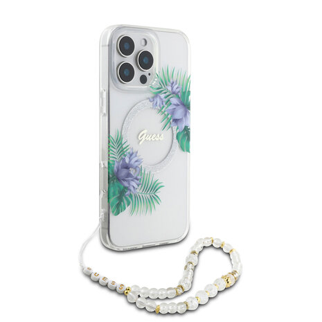 Guess Guess iPhone 16 Pro Max Backcover hoesje - Magsafe IML - Flower Wreath Design & Pearl Strap - Transparant Guess Guess iPhone 16 Pro Max Backcover hoesje - Magsafe IML - Flower Wreath Design & Pearl Strap - Transparant