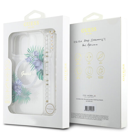 Guess Guess iPhone 16 Pro Max Backcover hoesje - Magsafe IML - Flower Wreath Design & Pearl Strap - Transparant Guess Guess iPhone 16 Pro Max Backcover hoesje - Magsafe IML - Flower Wreath Design & Pearl Strap - Transparant