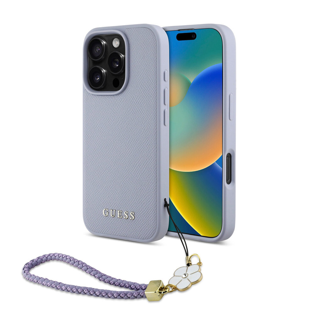 Guess Guess iPhone 16 Pro Back cover coque - Magsafe - Grained - Flower Charm Strap - Violet Guess Guess iPhone 16 Pro Back cover coque - Magsafe - Grained - Flower Charm Strap - Violet