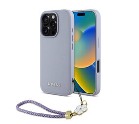 Guess Guess iPhone 16 Pro Back cover case - Magsafe - Grained - Flower Charm Strap - Purple Guess Guess iPhone 16 Pro Back cover case - Magsafe - Grained - Flower Charm Strap - Purple