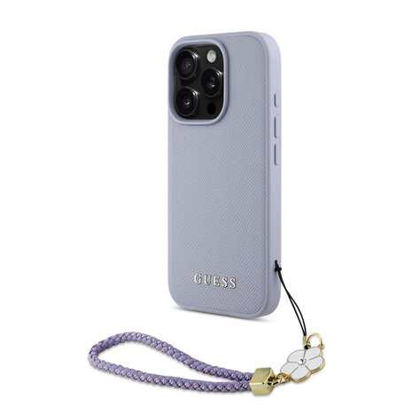 Guess Guess iPhone 16 Pro Back cover coque - Magsafe - Grained - Flower Charm Strap - Violet Guess Guess iPhone 16 Pro Back cover coque - Magsafe - Grained - Flower Charm Strap - Violet