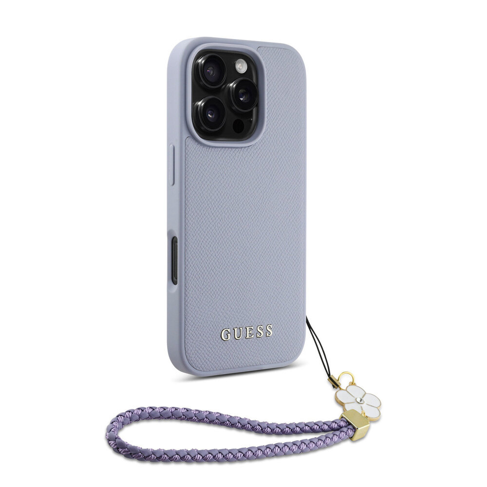 Guess Guess iPhone 16 Pro Back cover coque - Magsafe - Grained - Flower Charm Strap - Violet Guess Guess iPhone 16 Pro Back cover coque - Magsafe - Grained - Flower Charm Strap - Violet