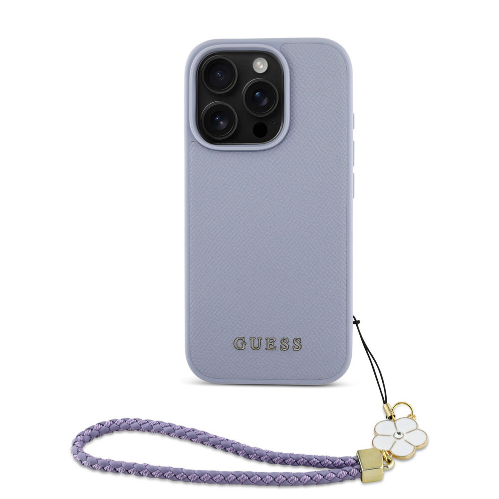 Guess Guess iPhone 16 Pro Max Back-Cover hul - Magsafe - Grained - Flower Charm Strap - Lila Guess Guess iPhone 16 Pro Max Back-Cover hul - Magsafe - Grained - Flower Charm Strap - Lila