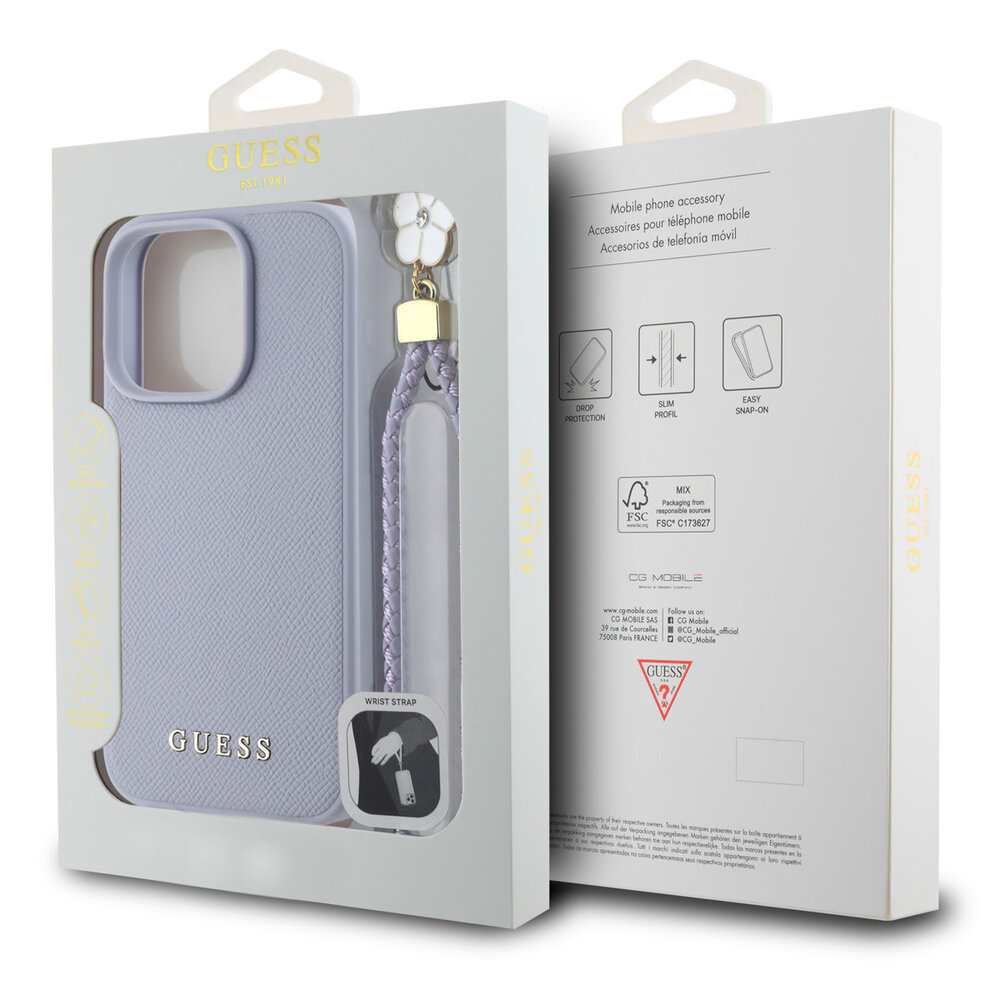 Guess Guess iPhone 16 Pro Max Back cover case - Magsafe - Grained - Flower Charm Strap - Purple