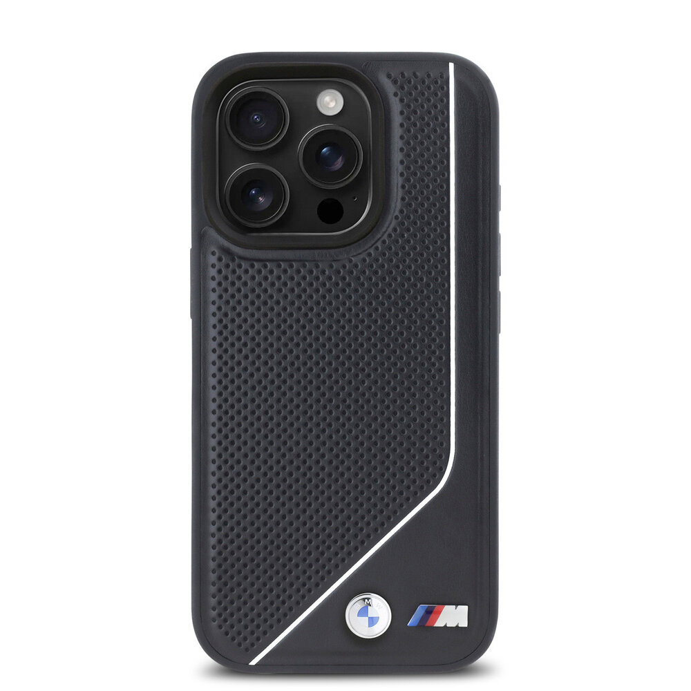 BMW BMW iPhone 16 Pro Max Back cover coque - Magsafe - Perforated - Twisted White Line - Noir BMW BMW iPhone 16 Pro Max Back cover coque - Magsafe - Perforated - Twisted White Line - Noir