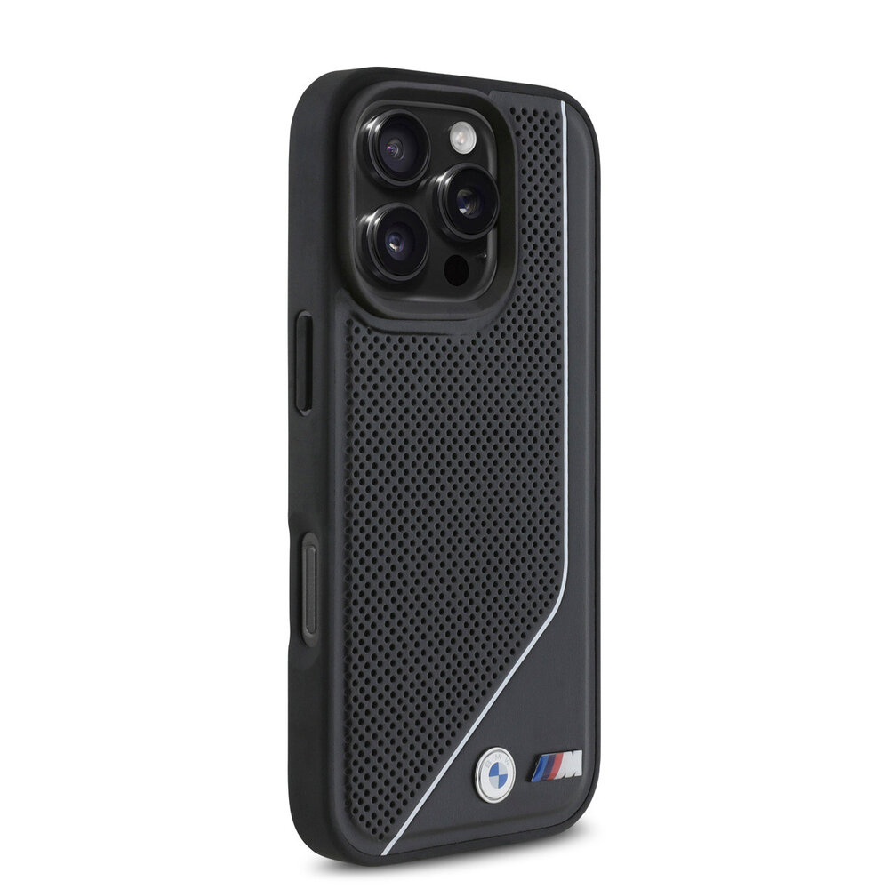 BMW BMW iPhone 16 Pro Max Back-Cover hul - Magsafe - Perforated - Twisted White Line - Schwarz