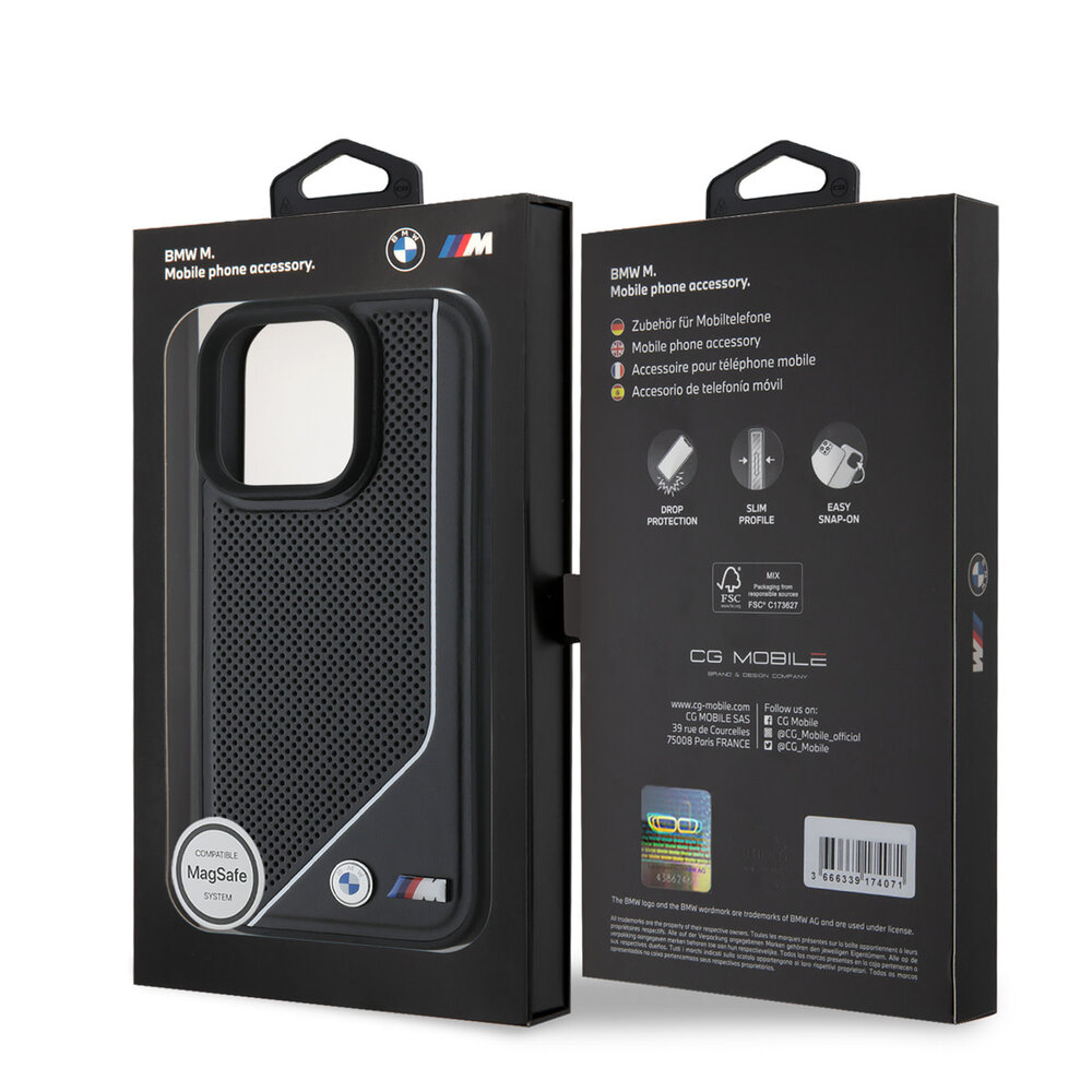 BMW BMW iPhone 16 Pro Max Back-Cover hul - Magsafe - Perforated - Twisted White Line - Schwarz