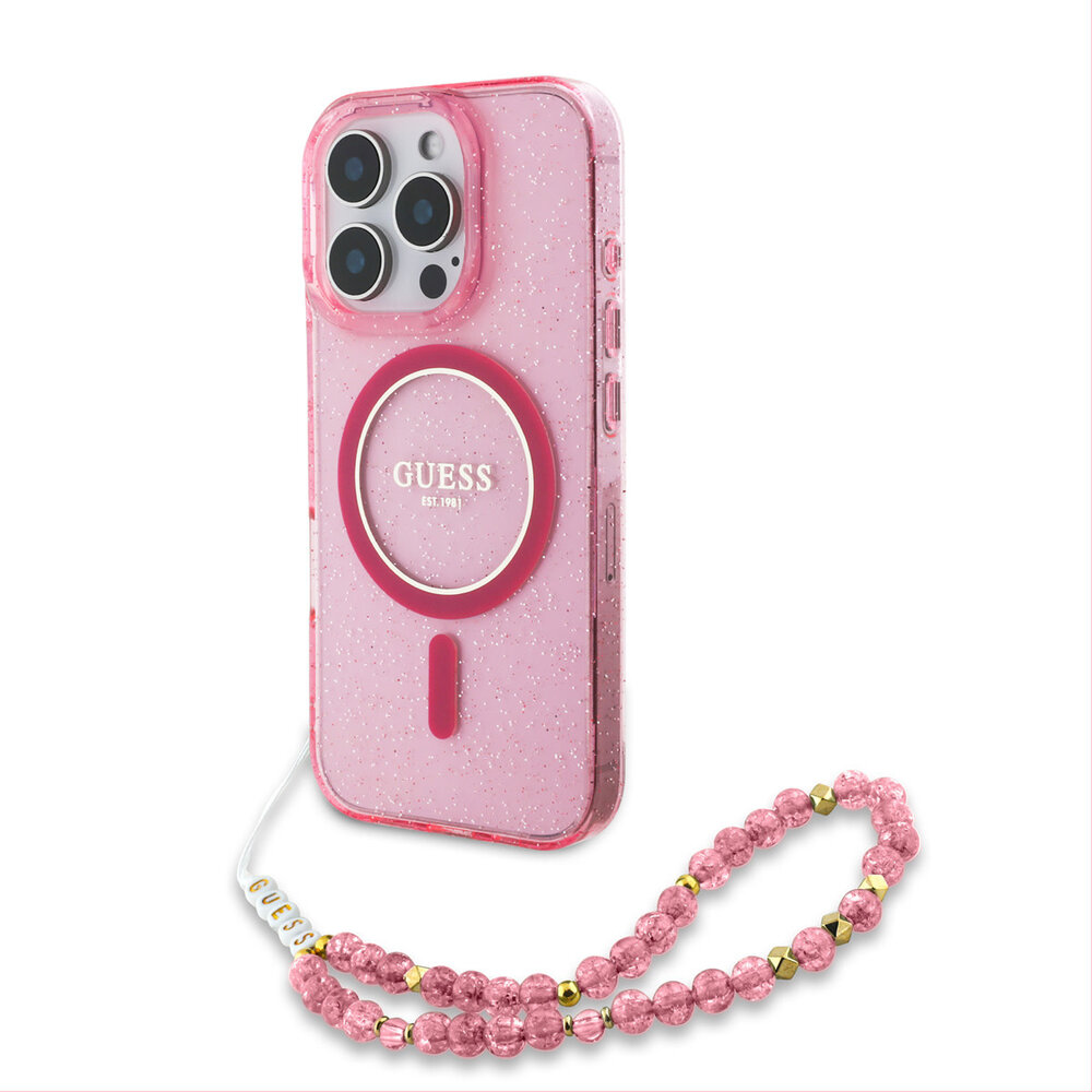Guess Guess iPhone 16 Pro Back cover case - Magsafe - Glitter - Pearl Strap - Pink Guess Guess iPhone 16 Pro Back cover case - Magsafe - Glitter - Pearl Strap - Pink
