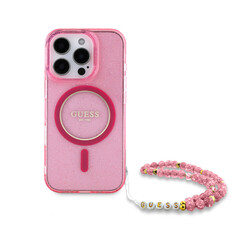 Guess iPhone 16 Pro Back cover case - Magsafe - Glitter - Pearl Strap - Pink