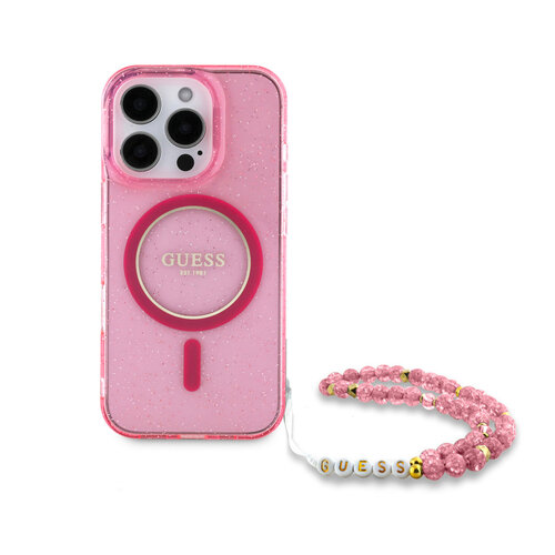 Guess Guess iPhone 16 Pro Back cover coque - Magsafe - Glitter - Pearl Strap - Rose