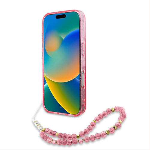 Guess Guess iPhone 16 Pro Backcover hoesje - Magsafe - Glitter - Pearl Strap - Roze