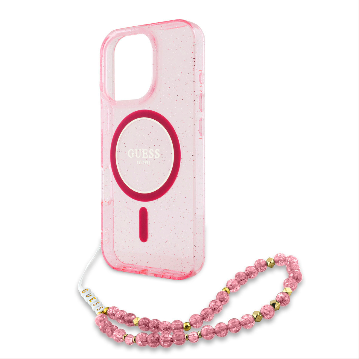 Guess Guess iPhone 16 Pro Backcover hoesje - Magsafe - Glitter - Pearl Strap - Roze, foto 4 van 6