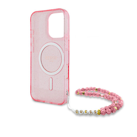 Guess Guess iPhone 16 Pro Back cover case - Magsafe - Glitter - Pearl Strap - Pink Guess Guess iPhone 16 Pro Back cover case - Magsafe - Glitter - Pearl Strap - Pink