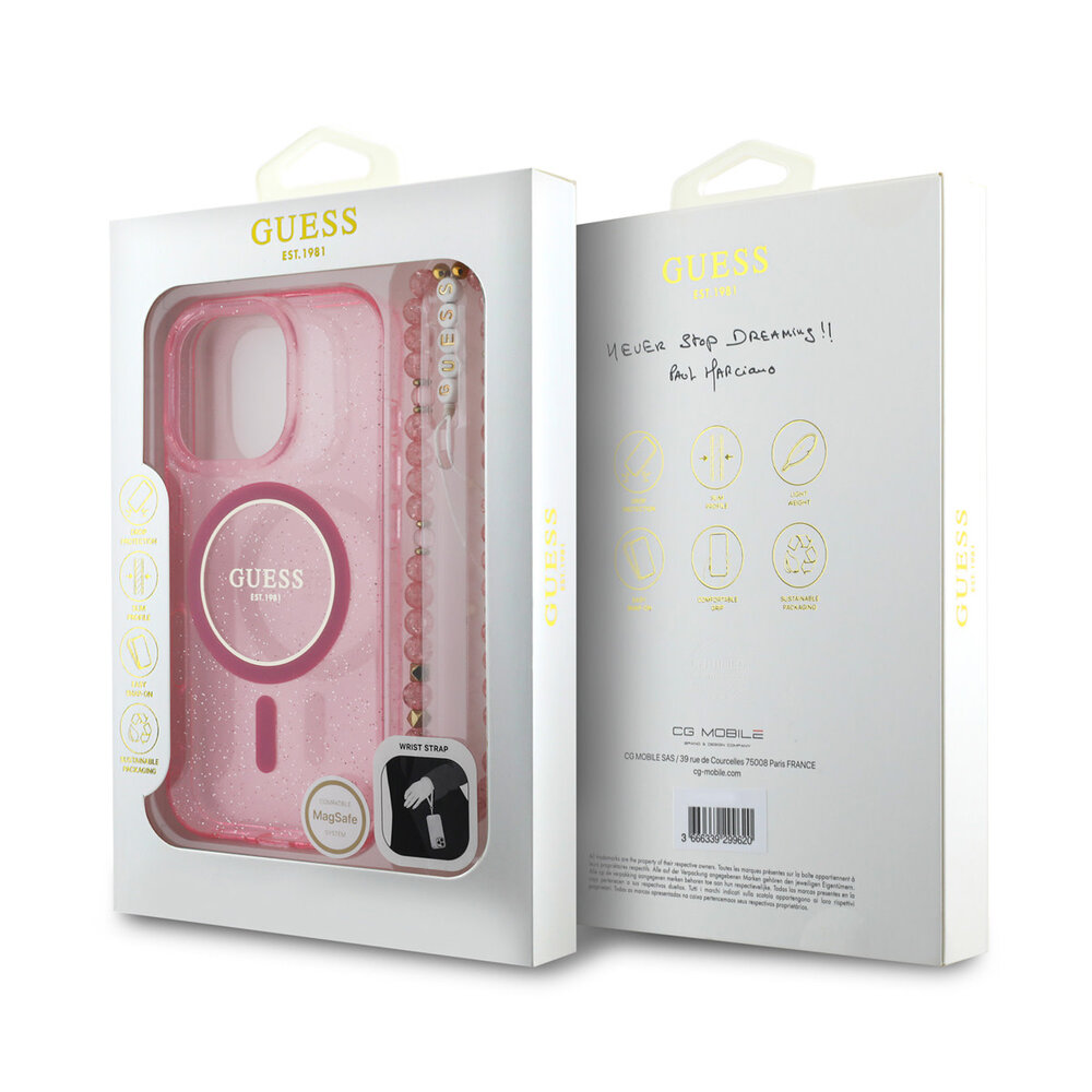 Guess Guess iPhone 16 Pro Back cover case - Magsafe - Glitter - Pearl Strap - Pink Guess Guess iPhone 16 Pro Back cover case - Magsafe - Glitter - Pearl Strap - Pink